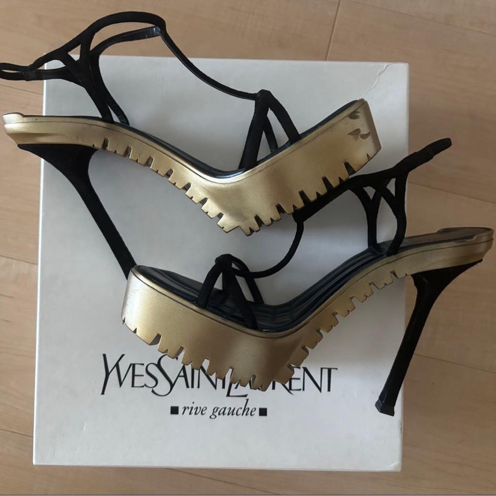 Yves Saint Laurent Strappy Black and Gold Heels